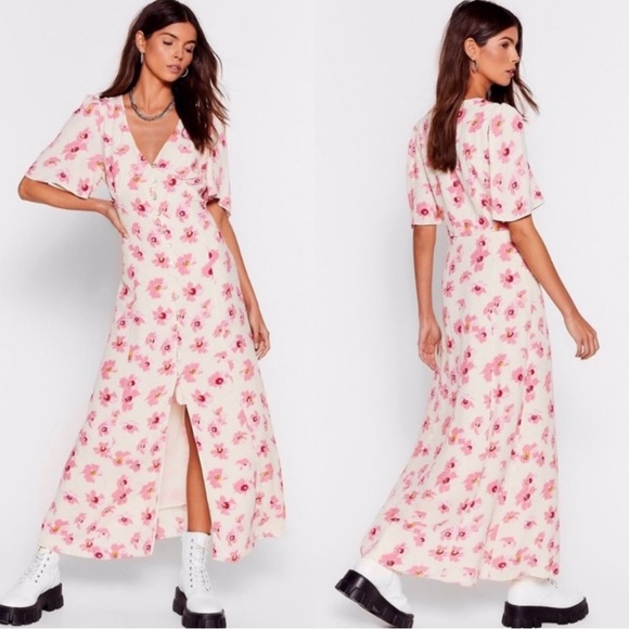 Zara Yellow Pink Floral Button Front Puff Sleeve Midi Dress Size M - Picture 4 of 16